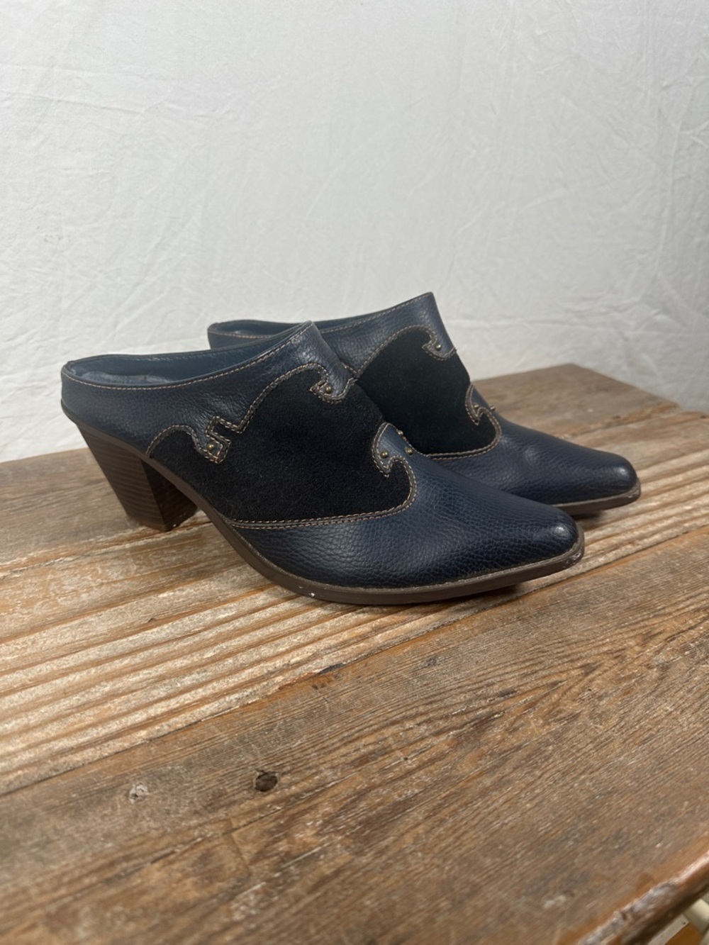 Navy Leather & Suede Slide Mules Heel